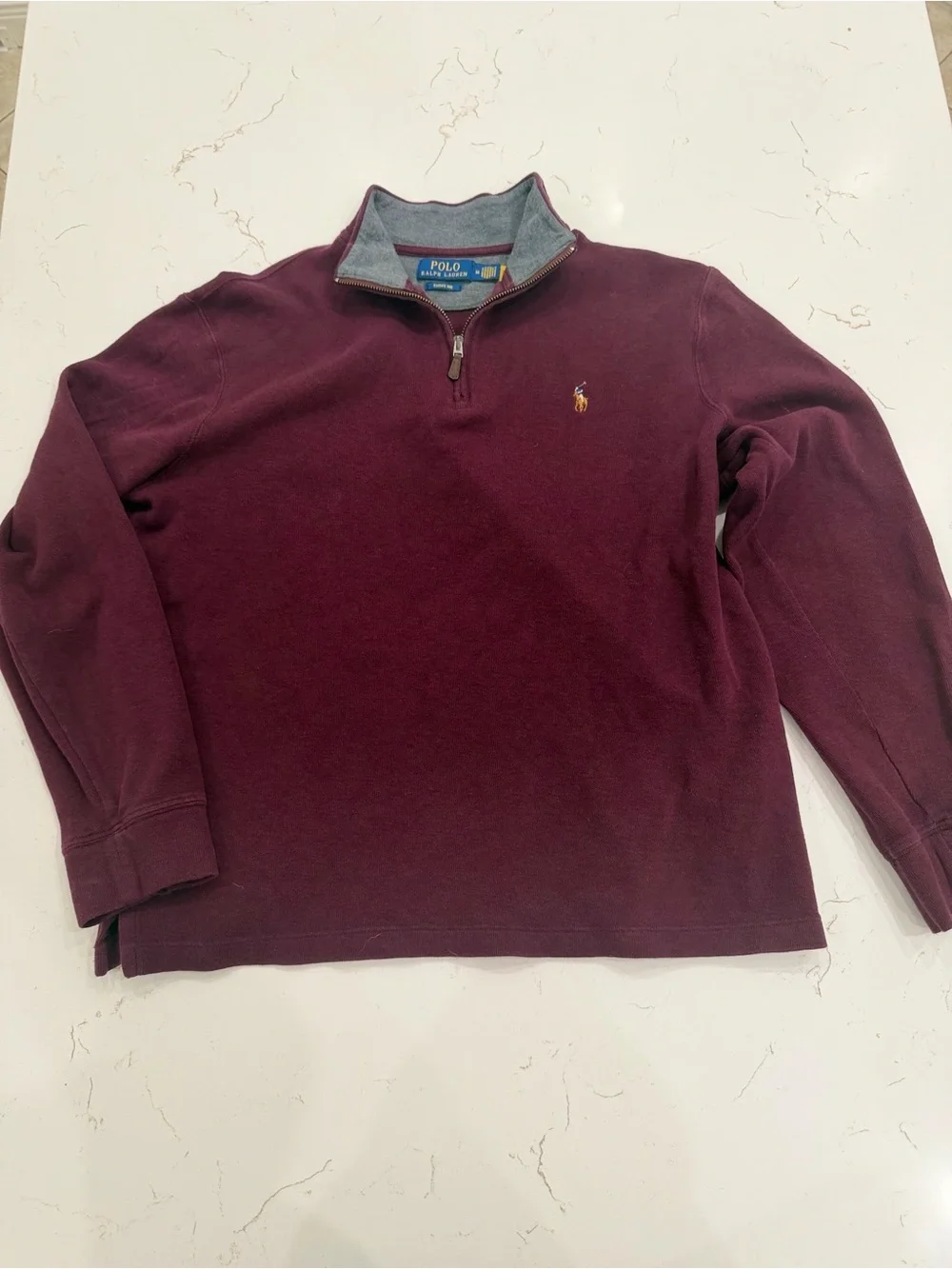 Polo by Ralph Lauren Men's Maroon Quarter-Zip Sweater with Grey Collar